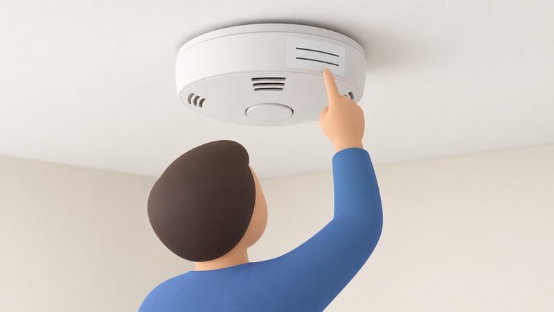 A close-up view of a round ceiling-mounted smoke alarm with a plain replace-by date label on its casing, shown as blank lines, with a simplified figure reaching up to point at the label.