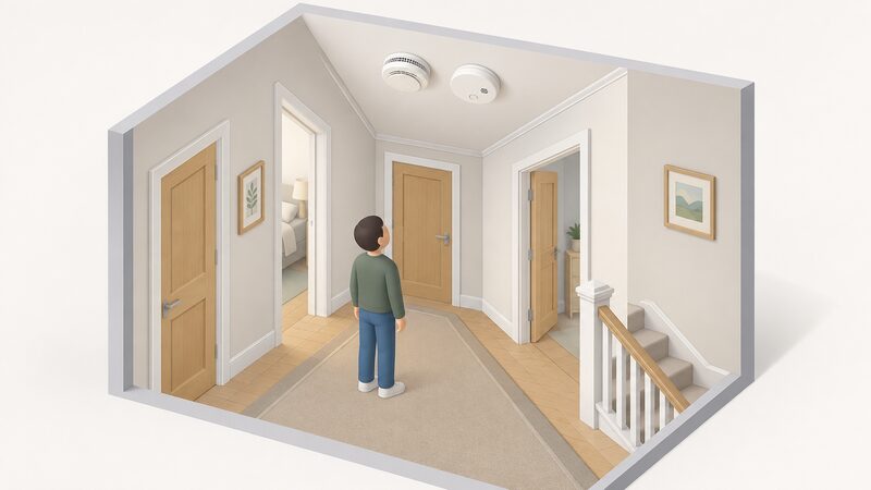 A simplified isometric view of a domestic hallway ceiling with two round ceiling-mounted alarms fixed side by side on the white ceiling, one a smoke alarm and one a carbon monoxide alarm, positioned along the escape route with a small isometric figure looking up at them.