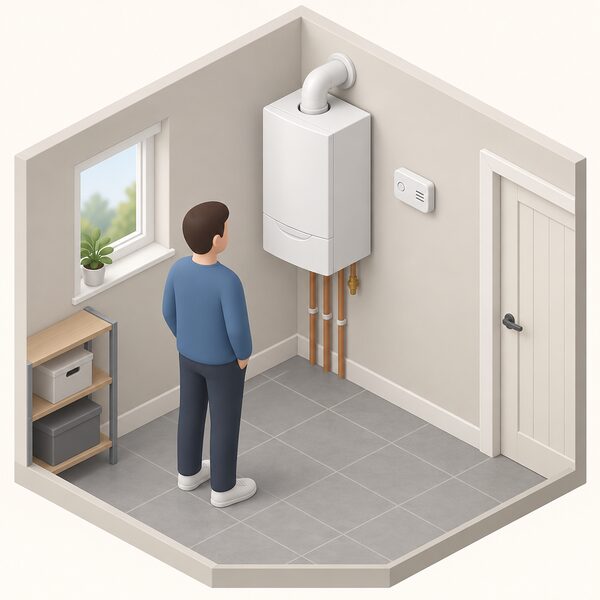 A wall-mounted carbon monoxide alarm on the same wall as a fixed gas boiler in a home, standing alone with no wiring or connection to any other alarm, showing the alarm placed in the same room as the combustion appliance as the rules require.