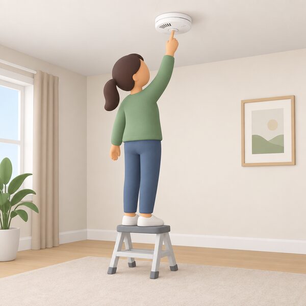 A simplified householder standing on a small step stool reaching up to press the test button on a round smoke or CO alarm mounted on the ceiling of an ordinary room, drawn mid-test as part of a monthly routine.