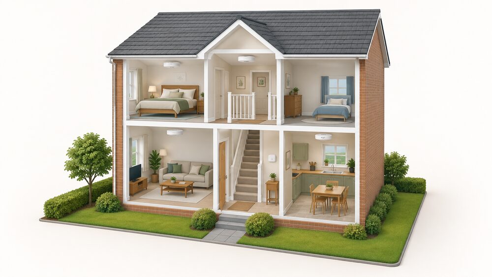 A cutaway two-storey house showing a round smoke alarm on the ceiling of the living room, another on the upstairs landing ceiling, a heat alarm on the kitchen ceiling, and a carbon monoxide alarm on the hallway wall, all on the escape route.