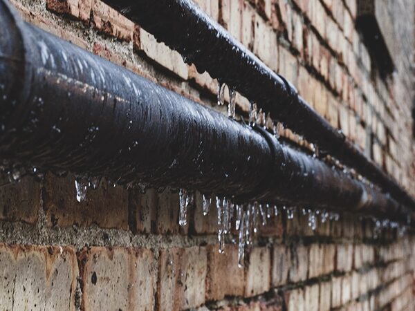 Frozen pipes with icicles hanging from them running along a brick wall outside a building