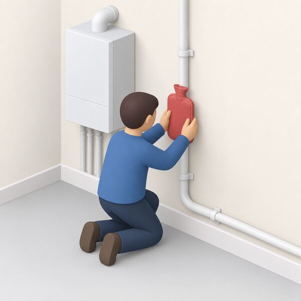 A simplified isometric figure holds a plain hot water bottle pressed against an internal white plastic condensate pipe running along an interior wall, thawing the frozen section, with the boiler nearby and no water being poured.