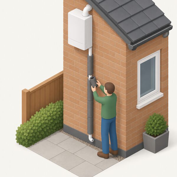 An external white plastic condensate pipe running down a house wall from a boiler, wrapped along its length in thick foam pipe insulation, with a small isometric householder fitting a foam section onto the pipe.
