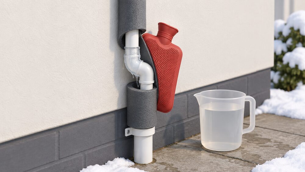 A close-up of a small white plastic condensate pipe running down an outside house wall, its lagging pulled back to reveal a section of ice at an elbow, with a hot water bottle wrapped against the frozen part and a jug of warm water beside it.