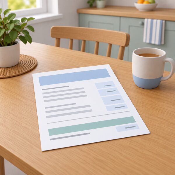 A paper annual energy bill lying on a kitchen table beside a mug, drawn as a physical document with a plain colour band and blank lines where the annual cost figures would appear, so the savings in pounds can be checked against it.