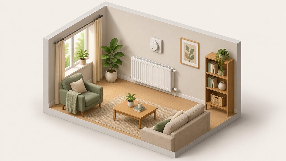 A wall-mounted room thermostat on an interior living room wall, shown close up with its dial turned slightly lower, above a radiator on the wall beneath it in a comfortable daytime living room.