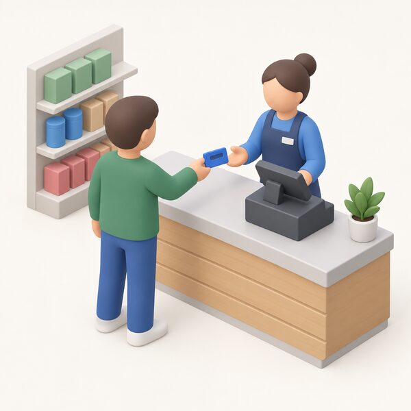 A traditional prepayment meter's plastic key being handed over a shop counter by a customer to a shopkeeper, who stands behind the till ready to add credit to it.