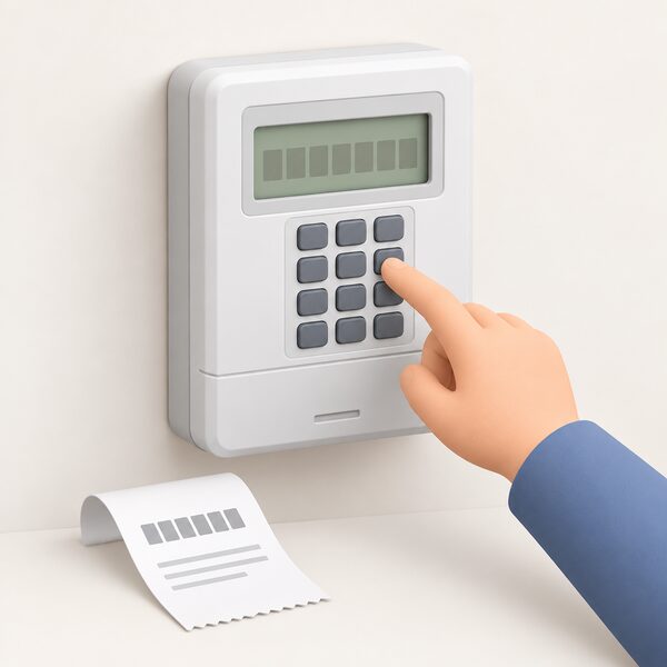 A close-up of a wall-mounted keypad prepayment meter with its display showing blank digit blocks, and one simplified hand pressing keys to enter a top-up code, with a printed receipt lying nearby.