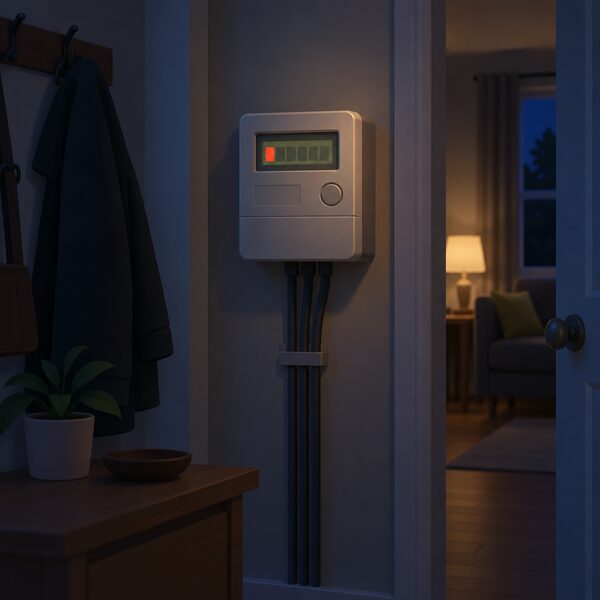 A dark domestic hallway at night with a wall-mounted prepayment electricity meter whose small screen shows a plain low-credit warning, a dim lamp glowing in a room beyond and the house otherwise quiet and dark.