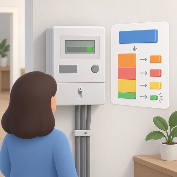 A close-up of a wall-mounted prepayment electricity meter with its display showing a small credit balance, alongside a simple breakdown panel where plain blocks represent the top-up amount being split into deductions for standing charge, debt repayment and recovered credit, leaving only a small remaining credit block.