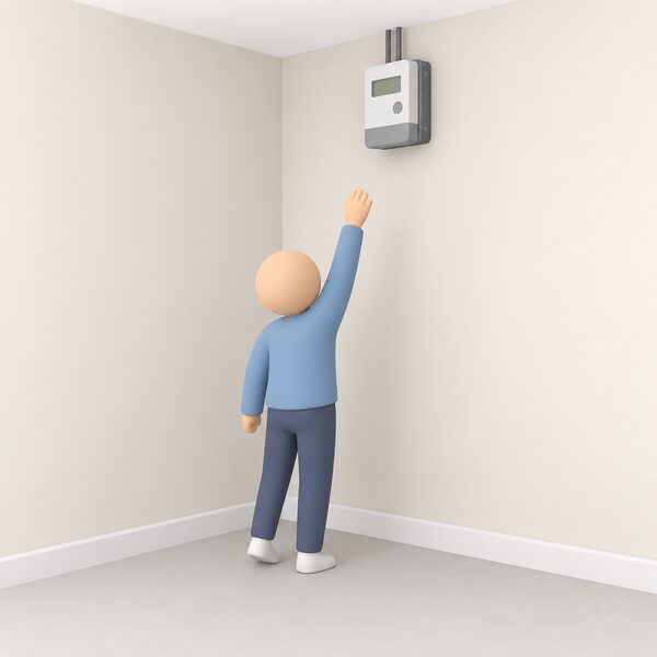 A prepayment electricity meter mounted high on an interior wall near the ceiling, with a small simplified figure standing below it looking up and reaching towards it without being able to touch it, showing the meter is too high to access safely.
