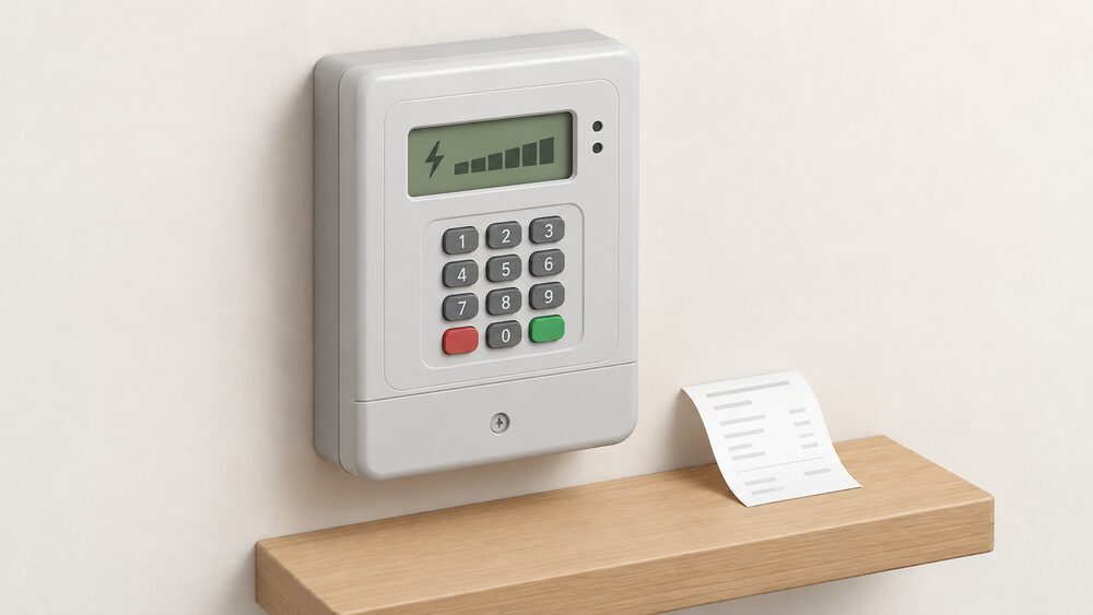 A close-up of a keypad-style prepayment electricity meter mounted on an indoor wall, its keypad and small display prominent, with a printed top-up receipt resting on a ledge beside it and nothing else in view.