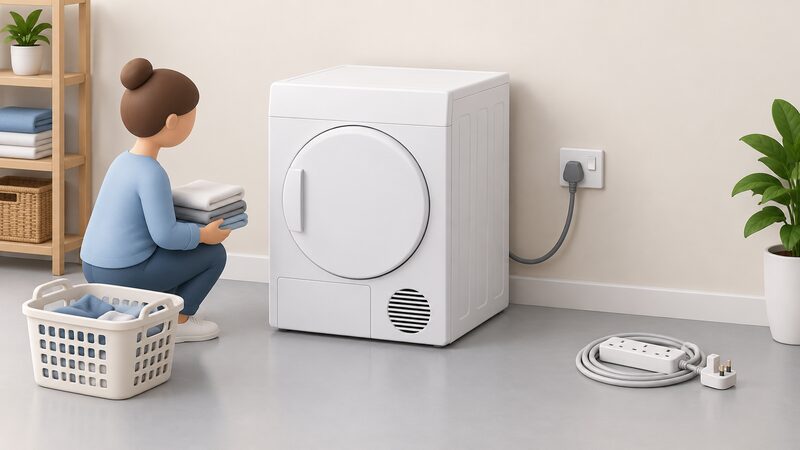 A tumble dryer connected by its own cable directly into a wall socket, with a coiled extension lead lying unused on the floor nearby to show the dryer is not plugged into it.