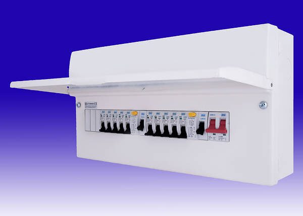 A BG 13-way dual split metal consumer unit with two RCDs and ten MCBs, lid open, on a blue gradient background