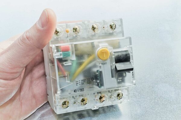A hand holding a transparent-cased RCD circuit breaker with a yellow test button