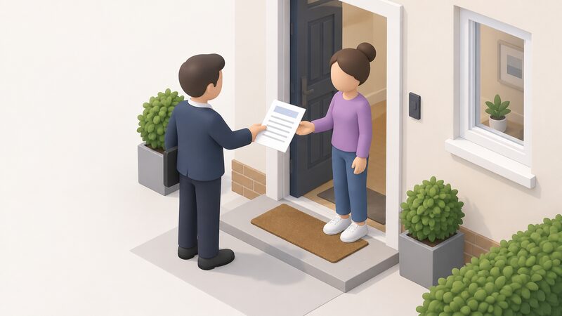A landlord handing a printed electrical inspection report document to a tenant at the doorway of a rented home, the paper shown with blank lines and plain blocks only.