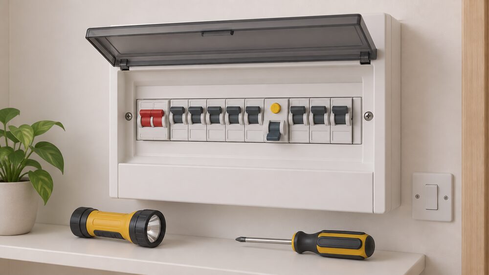 A close-up of an open-fronted consumer unit mounted on an indoor wall, with rows of upward trip switches and one RCD switch dropped downward, its small test button visible, beside a torch and a screwdriver resting on the ledge below.