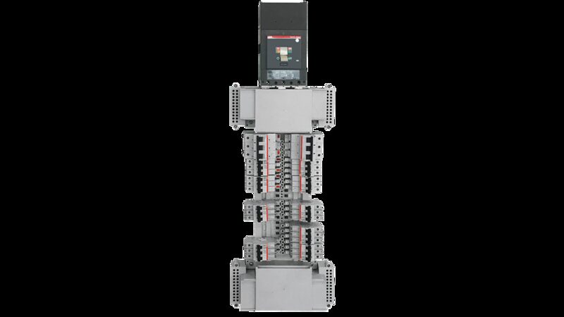 An ABB ProLine modular DIN-rail consumer unit with a main switch and rows of circuit breakers