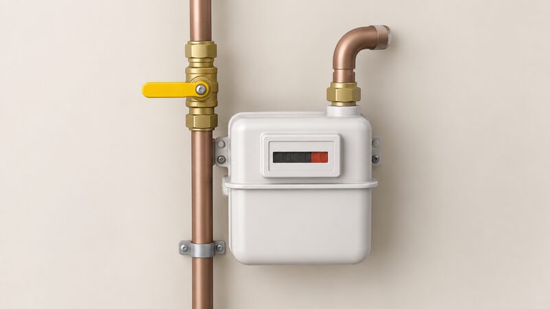 A close-up view of a domestic gas meter mounted on an interior wall, with the emergency control valve on the inlet pipe beside it, its lever handle turned at right angles to the pipe to show the supply in the closed position.