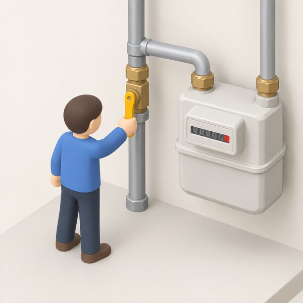 A small isometric figure turns the emergency control valve handle through 90 degrees on the gas pipe beside the gas meter, the handle shown in its shut-off position.