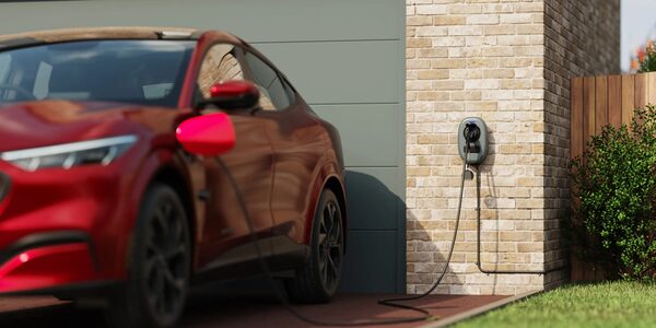 A red electric car charging from a wall-mounted EV charger on a brick house wall