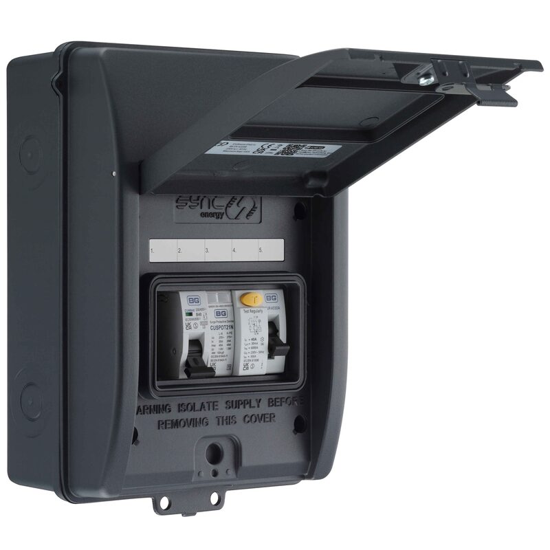 A BG grey plastic consumer unit with lid open showing an RCD and MCB inside
