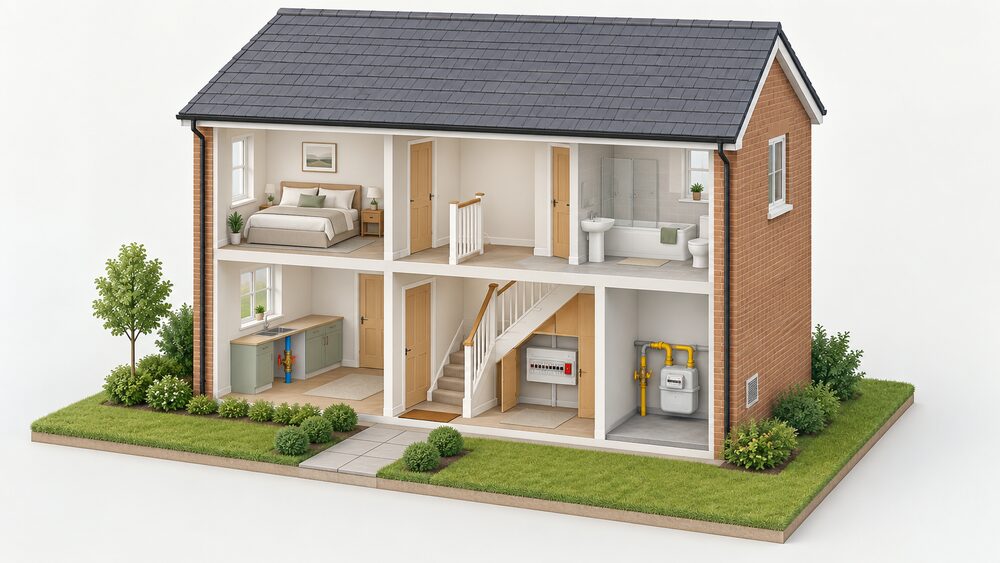 A cutaway house showing three emergency shut-offs in their usual places: the gas emergency control valve beside the gas meter, the internal stopcock on the incoming water main, and the consumer unit with its main switch under the stairs, each plainly visible and reachable.