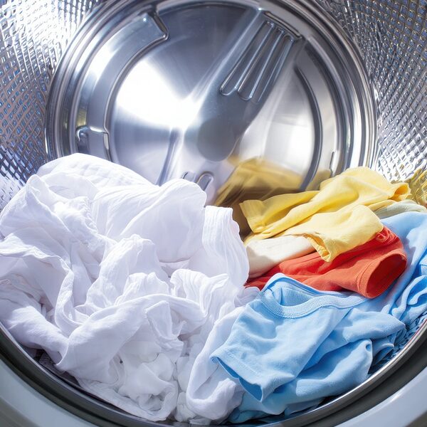 Laundry inside the stainless steel drum of a washing machine