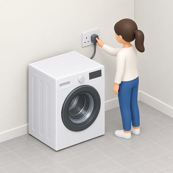 A front-loading washing machine standing in a utility room with its flex plugged into a wall socket, a small isometric figure touching the plug to show the machine drawing its electricity from the grid supply.