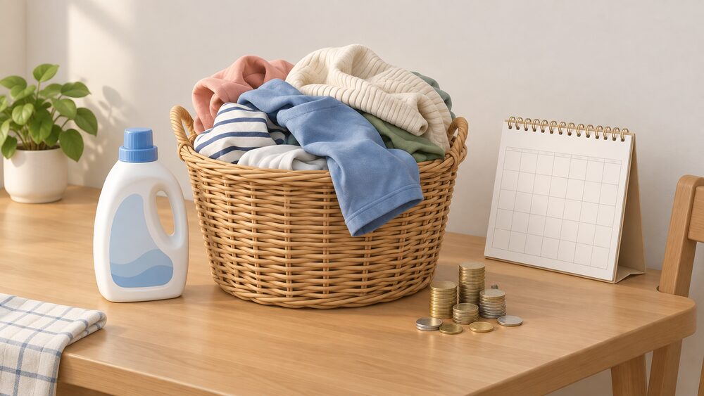 A wicker laundry basket heaped with everyday clothes stands beside a detergent bottle and a small pile of coins on a kitchen table, with a blank calendar leaning against the wall behind them.