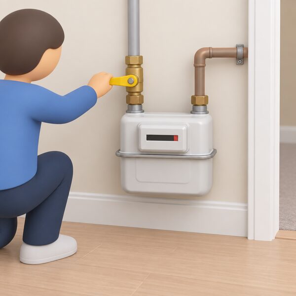 A domestic gas meter box with the meter's supply control lever turned to the off position, a simplified figure's hand turning it, in a home hallway setting.