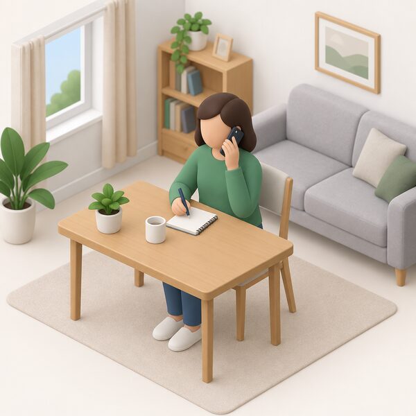 A simplified isometric figure sits at a table in a home living room holding a mobile phone to their ear, making a free call to an energy advice helpline, with a notepad and pen beside them for taking notes.