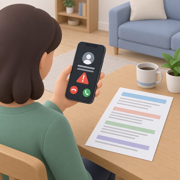 A hand holding a mobile phone at home showing an incoming call from an unknown number, with a warning banner on the screen, beside a printed sheet listing published contact numbers for reporting bodies.