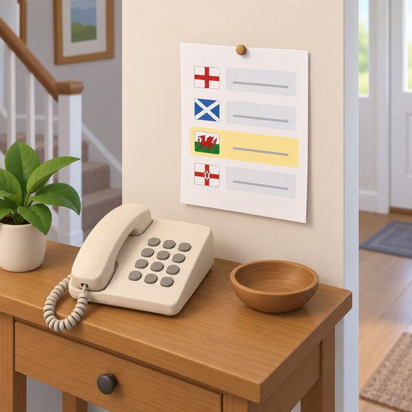 A paper phone list pinned beside a corded home telephone on a hall table, its sheet ruled into four rows for the four nations with blank line blocks for each number, one row highlighted for the reader.