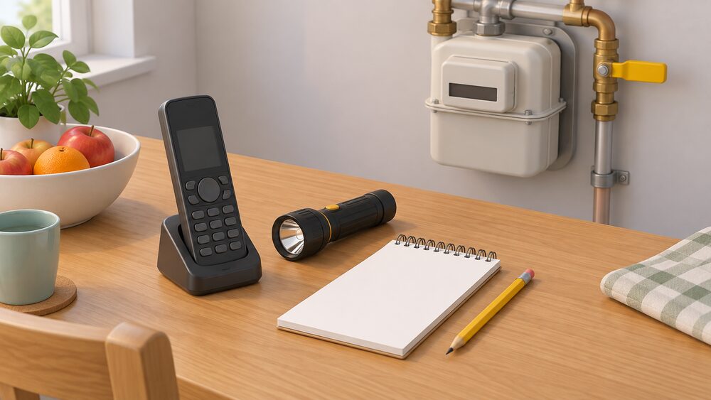 A cordless phone lying on a kitchen table beside a torch, a blank notepad and pencil, with a small domestic gas meter visible on the wall just behind, the moment a householder prepares to make the right emergency call.