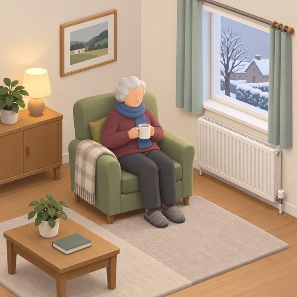 An older householder in plain winter clothing sits in an armchair in the living room of an ordinary English or Welsh home, with a radiator warming the room and a window showing cold weather outside.
