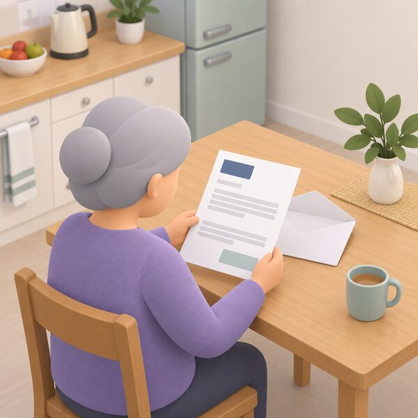 A plain envelope opened on a kitchen table, with the Winter Fuel Payment notification letter lying on top, held by a simplified figure seated at the table reading it, the letter's content shown only as blank lines and plain colour blocks with no readable words or figures.