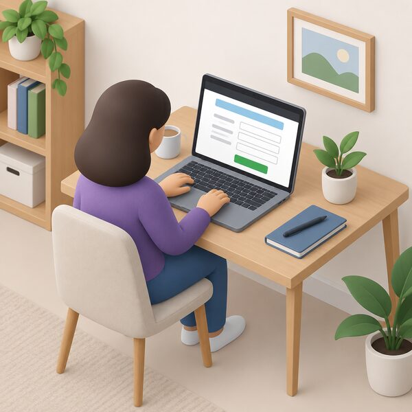 A simplified isometric figure sits at a home desk using a laptop whose screen shows the GOV.UK online opt out form as a plain page with blank lines and colour bands, declining future winter payments.