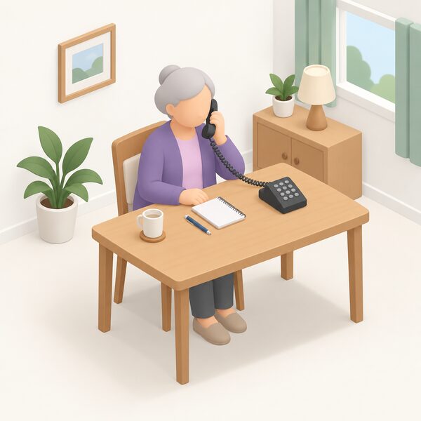 A simplified isometric figure of an older person sitting at a table at home, holding a telephone handset to their ear while making a call to report a change of circumstances, with a notepad and pen beside them on the table.