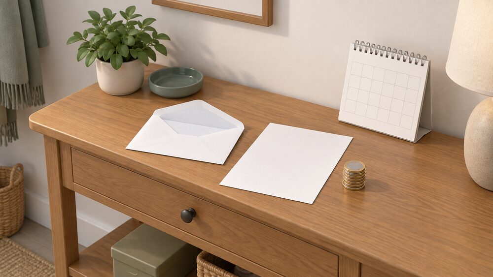 A plain white envelope lying open on a wooden hall table beside a blank sheet of paper, a small stack of coins and a wall calendar with no writing on it, suggesting the winter payment notification letter arriving at a home.