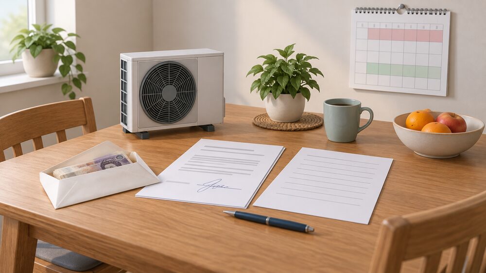 A kitchen table the morning after a pressured doorstep sale, with a signed contract and blank cancellation letter, a plain envelope of cash notes, a wall calendar, and a small model of an air source heat pump outdoor unit standing beside the paperwork.