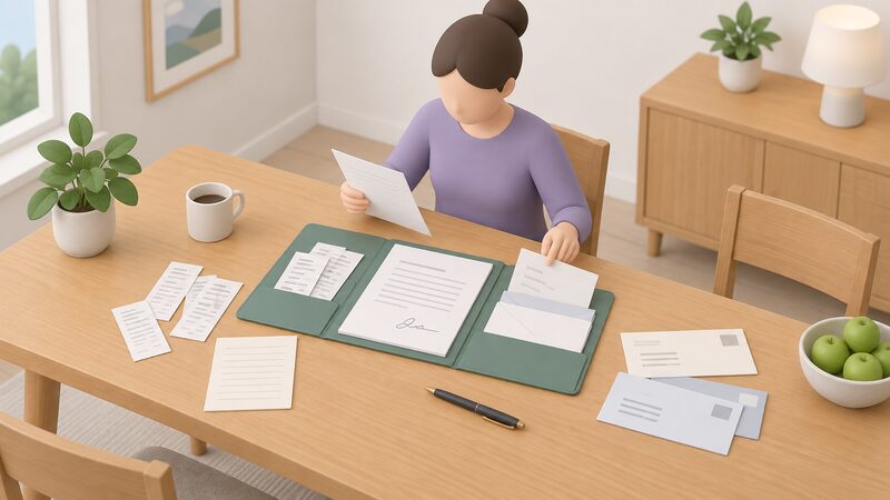 An open folder lying on a household table holds a signed contract sheet, payment receipts, a handwritten dated note of the sales visit and letters of correspondence, with a pen beside it as someone sorts the papers into order.