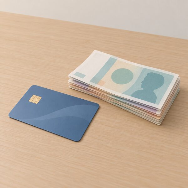 A plain domestic table surface with a payment card lying flat and a small neat stack of banknotes beside it, suggesting money being returned to a household by the same means of payment, with no people, documents or equipment in view.