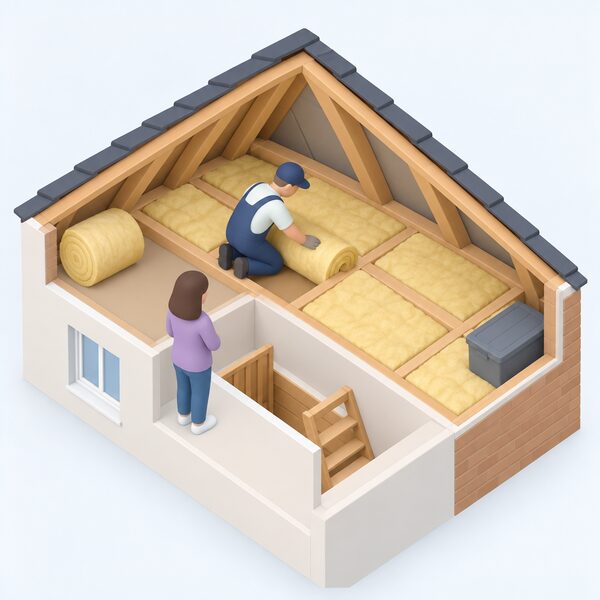 A small simplified isometric installer figure in plain clothing working at no charge to put an installation problem right inside a home, repairing poorly fitted wall or loft insulation while the householder stands nearby watching the rectification work being carried out.