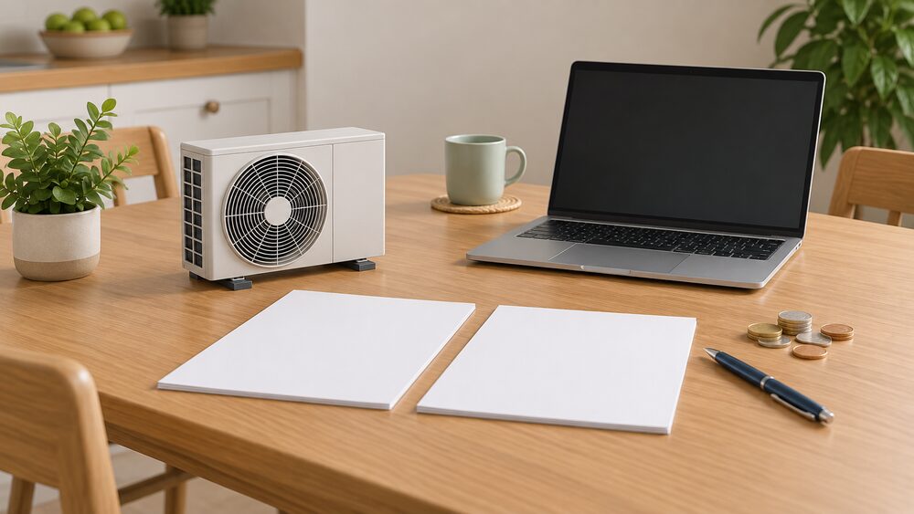A small model of an air source heat pump outdoor fan unit sits on a kitchen table beside blank quote paperwork, a blank-screen laptop, a pen and a few coins, representing a household comparing two national installation quotes.