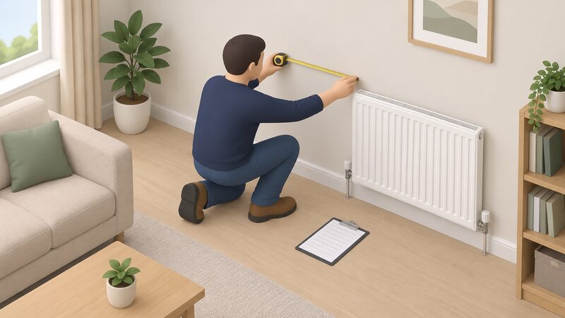 An installer in plain clothing kneels in a UK living room during a heat loss survey, holding a tape measure to a wall while a clipboard rests nearby and a domestic radiator stands against the wall beside them.
