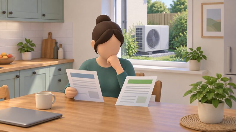 A householder seated at a kitchen table comparing a printed heat pump installation quotation with grant scheme paperwork, both sheets showing only blank lines and plain colour blocks, with an outdoor air source heat pump unit visible through a window behind.