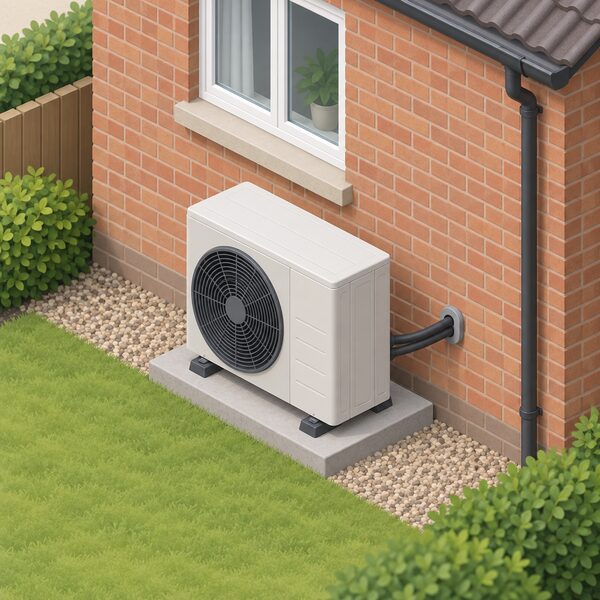A single air-source heat pump outdoor fan unit standing on a concrete base on the ground at the side of an existing brick house, with a refrigerant pipe running from the unit into the external wall, drawn as a simple isometric exterior scene.