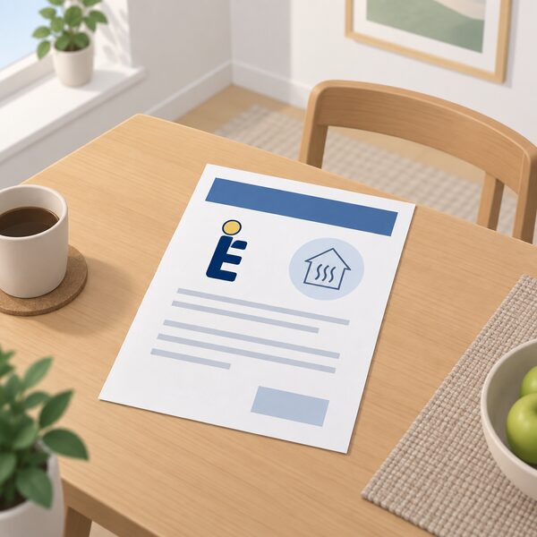 A printed Heat Pump KEYMARK certificate document lying on a table in a home setting, shown as a physical sheet with a plain colour band, a simple mark block and blank lines, with no readable words or numbers.